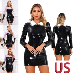 Women's Patent Leather Witch Costume Mesh Patchwork Long Sleeve Bodycon Dress - Picture 1 of 25