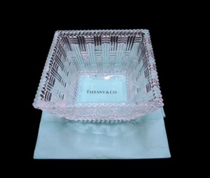 Tiffany & Co. Vintage Glass Crystal Square Basketweave Trinket Candy Dish - Picture 1 of 13
