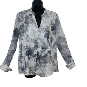 Ellie Tahari Silk Blouse Woman Small Gray Metallic Tunic Pop Over Long Sleeve - Picture 1 of 11