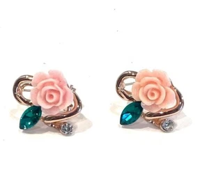 New Pink Rose with Emerald Green Stone 14k Rose Gold Filled Earrings - Picture 1 of 2