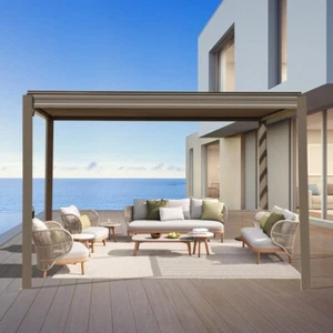 Domi Outdoor 10X10FT Brown Louvered Pergola w/Adjustable Roof, Aluminum Frame - Picture 1 of 7