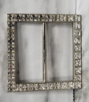 Belt Buckle. Ribbon/Scarf Slider. Rhinestones. Square. Silver Tone. - Image 1 of 3