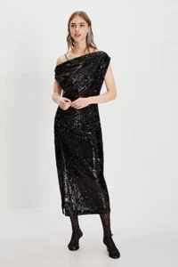 Zara Black Sequin Midi Dress Draped Off The Shoulder S eveningwear Collection - Picture 1 of 7