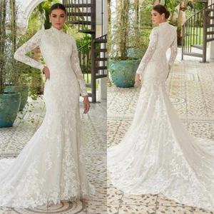 Simple High Neck Wedding Dress Full Sleeves Sheath Lace Court Train Bride Gowns - Picture 1 of 7