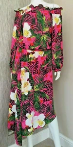 BIBA TROPICAL PRINT & LOGO BARDOT OFF SHOULDER DRESS SIZE UK 8-10 BNWT - Picture 1 of 10