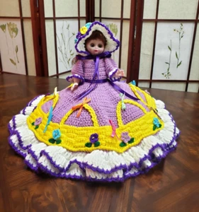 Sleepy Eye Posable Doll 14” LAV, YLW, & WHT Crocheted 2 Ruffle Dress Hat - 3 - Picture 1 of 2