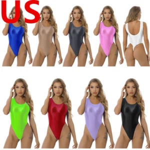 Women Bodysuit Oil Glossy Open Crotch Swimsuits Sleeveless Leotard Sleepwear - Picture 1 of 112