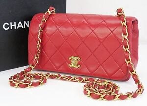 Auth CHANEL Red Quilted Leather Flap Cover Gold Chain Shoulder Bag #53325