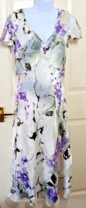 Country Casuals Floaty Lined Dress White Purple Grey Viscose & Silk Size 10 - Picture 1 of 8
