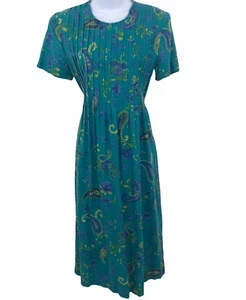 Vintage 90s Floral Paisley Dress Womens Size PS Faded Teal Tied Back - Picture 1 of 10