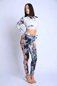 Women's High Neck Marble Printed Cutout Elastic Waist Two-Piece Long Sleeve Set - Picture 1 of 9