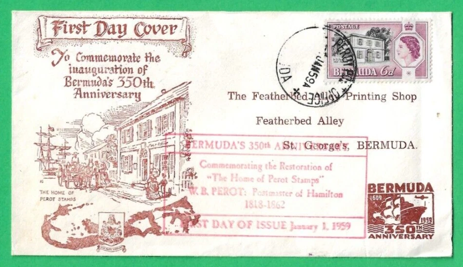 BERMUDAS ~ PORTADA PRIMER DÍA ~ BERMUDAS 350 ANIVERSARIO ~ 1er ENE 1959 Foto 1 de 1