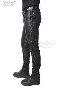 "Red balls on fire" Leather Lace jeans pant soft COWHIDE fetish custom rock - Picture 1 of 7