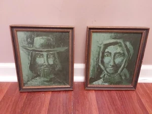 Vintage MCM American Colonial Folk Art Man Woman Portraits Oil Paintings GC - Picture 1 of 10