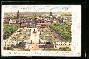 Lithographie Karlsruhe, Totalansicht mit Parkanlage 1899  - Picture 1 of 2