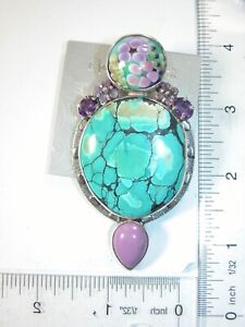 AMY KAHN RUSSELL Handmade Glass Turquoise Sterling Silver Pin Pendant