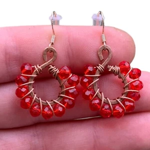 Red Siam Beaded Copper Teardrop Dangle Earrings Handmade Gift For Wife Jewelry - Picture 1 of 10