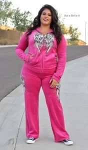 New PLUS SIZE Womens PINK CRYSTAL BLING SKULL WINGS TATTOO SWEATSUIT 1X 2X 3X - Picture 1 of 6