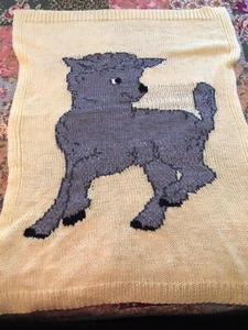 Handmade Baby Toddler Blanket Knitted With Lamb Yellow Gray 42” X 32” - Picture 1 of 7