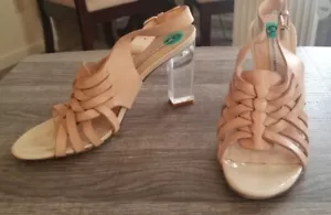 Diane VonFurstenberg Strappy Open Toe 8M Tan Braided Clear Block 3.5" Heel EUC - Picture 1 of 18
