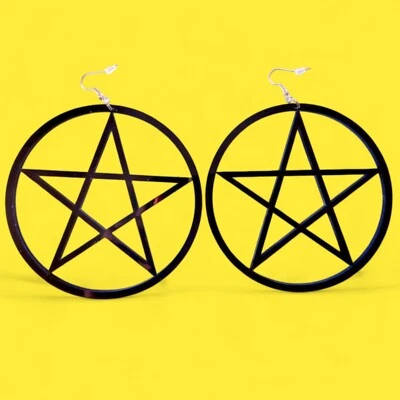 GIANT BLACK PENTAGRAM HOOP EARRINGS laser-cut plastic star wiccan goth hook 2D - Image 1 of 3