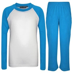 Kids Girls Boys Pyjamas Designer Plain Blue Contrast Sleeves Nightwear PJS 2-13Y - Picture 1 of 4