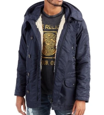 CHAQUETA DE PIEL FALSA PARKA FORRADA SHERPA AZUL NOCHE $328 NUEVA CON ETIQUETAS TRUE RELIGION Talla XL Foto 1 de 4