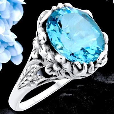 ANILLO DE PLATA ESTERLINA 925 ESTILO ART NOUVEAU TOPACIO AZUL CIELO GENUINO 6 quilates #328 Foto 1 de 4