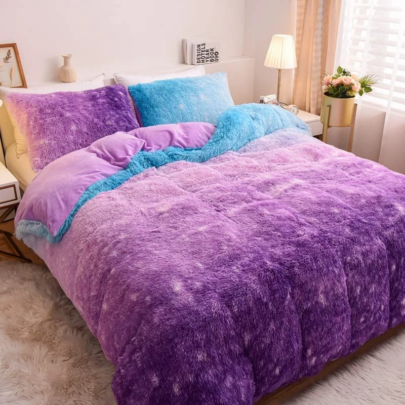 蓝色紫色Ombre Stars毛茸茸的模糊被套套装大号人造毛皮Bedd... — 第 1/4 张图片