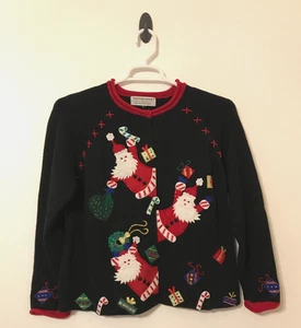 Tiara International Strickjacke Größe L Weihnachtspullover Weihnachtsmann schwarz 2004 - Bild 1 von 15