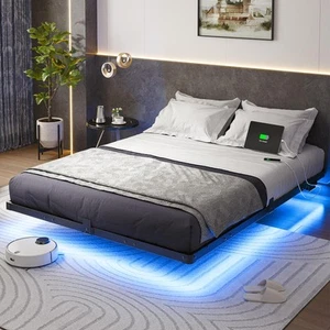 Queen Size Floating Bed Frame with USB Charging Station and LED Lights, Moder... - Picture 1 of 9