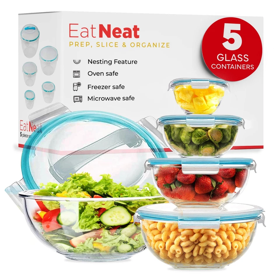 EatNeat MXL501RD 5-Piece Glass Salad Bowl Set With Airtight Locking Lids