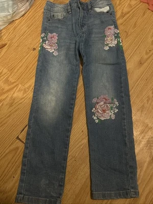 Route 66 Little Girls Size 8 Hand Painted Jeans Pink Roses On Denim Straight Leg - Image 1 of 4