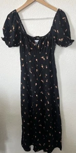 Self Ridge Tie Front Midi Tea Dress Black Floral Size M  - Picture 1 of 5