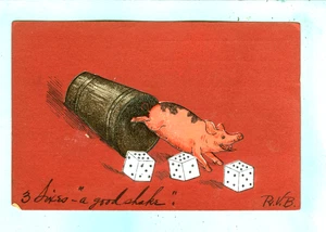Embossed, "3 Sixes, A good shake", Pig running out Shaker.... - Bild 1 von 2