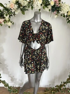 Playsuit Influence Damen Größe 12 schwarz Blumenmuster Punktemuster vorne zum Binden NEU MC32 - Bild 1 von 15