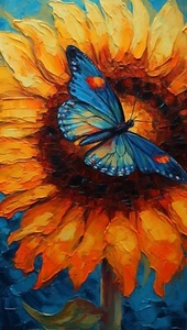 Butterfly And Sunflower oil painting 9x16 Print On Canvas - Picture 1 of 1