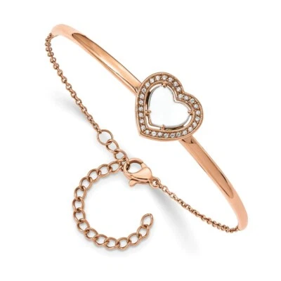 Stainless Steel Polished Rose IP White Enamel CZ Heart w/2in ext. Bracelet - Image 1 of 2