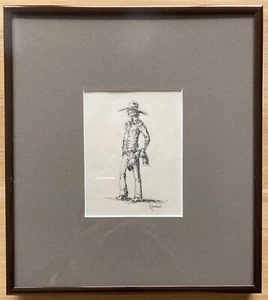 "Dibujo a lápiz y tinta Randeau vintage - ""Navajo con manta"" - marco 9""x10" - Imagen 1 de 9