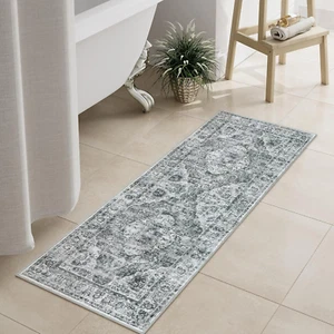 Gray Bathroom Rugs, Distressed Farmhouse Boho Bath Mat, Non Slip Washable Soft V - Picture 1 of 7