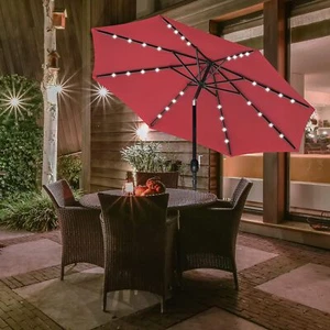 9FT Patio Umbrella with 32 LED Lights 8 Ribs Tilt Solar Market Umbrella Outdoor - Picture 1 of 69