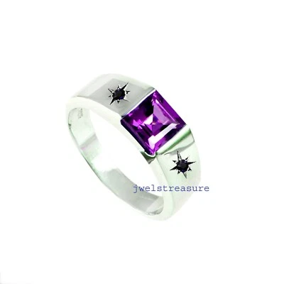 Natural Amethyst & Sapphire Gemstones 925 Sterling Silver Ring for Men's #409 - Image 1 of 3