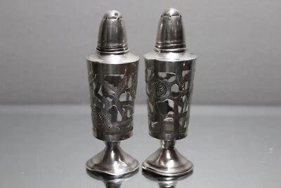 Dos saleros y pimenteros mexicanos superpuestos vintage de plata esterlina de 3 3/4" de alto Foto 1 de 3
