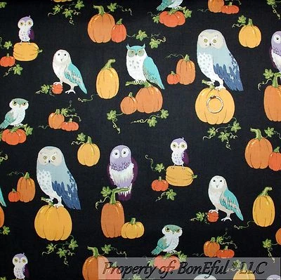 BonEful Fabric FQ Cotton Quilt Black Orange Purple OWL Bird Pumpkin Halloween US - Image 1 of 4