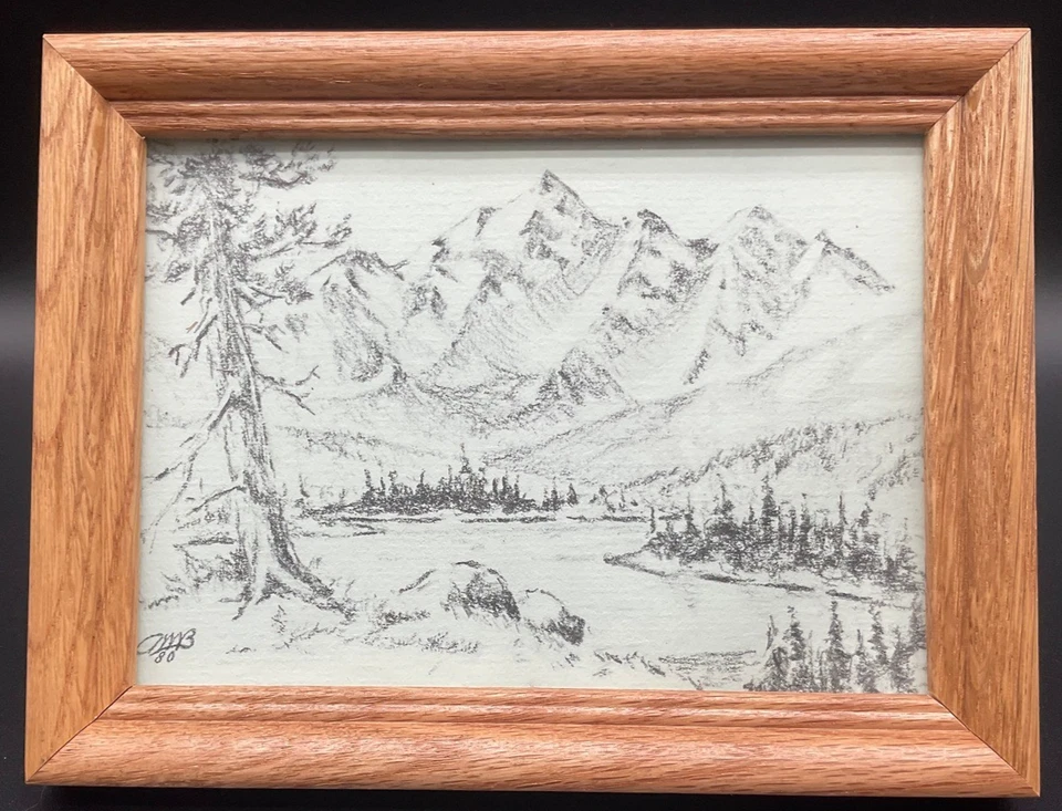 Винтажная Аляскинская Горная Сцена в Рамке Оригинальный Карандаш Рисунок Каюта Настенное Искусство - Изображение 1 из 4