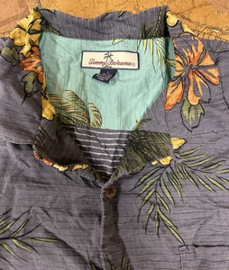 Tommy Bahama L Seide Baumwollmischung Hemd Hawaii Aloha Tasche Holz Knopf Blumen - Bild 1 von 14