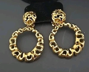 Vintage Gold Tone Clip-On Statement Earrings Bold Open Swirl Hoops 1980s Style - Picture 1 of 5