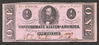 1863 CONFEDERATE $1 CURRENCY NOTE  T-62 ~ CLEMENT CLAY CHOICE CRISP UNCIRCULATED - Image 1 of 2