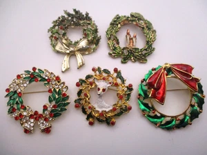 5x Broche Broche Corona Navidad Vintage Esmalte Verde Rojo CH13 - Imagen 1 de 11