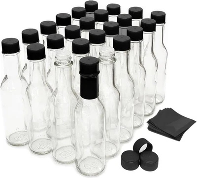 HOT SAUCE BOTTLES Glass Empty Jar with Black Caps Shrink Bands 5 Oz Case of 24 - Image 1 of 4